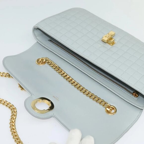 CELINE Quilted Chain Shoulder Bag Lamb Skin Gray Gold Auth mr1084V - Picture 10 of 14